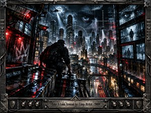 A lone figure crouches on a rain-soaked rooftop overlooking a sprawling city under surveillance. Glowing red cameras, enormous spectral eyes, searchlights, and helicopters create an atmosphere of danger and suspicion. Cold blue skyscrapers and crimson reflections sharpen the cinematic digital composition, enclosed by an intricate industrial metal frame with engraved title plate.