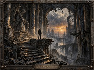 A solitary figure stands amid the shattered remains of a vast industrial cathedral, facing a distant sunset beyond broken arches and skeletal towers. Charcoal grays, rusted browns, and muted golds create a somber, reflective mood. Dramatic light cuts through smoke and debris, while weathered metal framing reinforces decay, endurance, and finality.