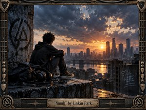 A solitary young figure sits on a weathered rooftop overlooking a sprawling city at sunset, headphones and a backpack beside him. Dramatic storm clouds frame warm golden light reflected on the river below. The gritty, cinematic composition uses dark blues, charcoal tones, distressed textures, and an industrial guitar-themed metal frame to evoke isolation and introspection.