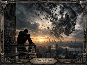 A solitary figure sits on a rain-dark rooftop overlooking a sprawling city beneath turbulent gray clouds and fading golden light. A colossal fragmented face dissolves into architecture, debris, and circling birds, suggesting inner conflict and psychological pressure. An industrial metal frame reinforces the gritty, cinematic digital style.