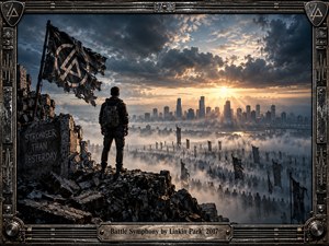 A lone figure stands on a shattered ridge overlooking a mist-filled city and shadowy procession beneath dramatic storm clouds. Warm sunrise rays pierce cool blue-gray skies, creating a resilient, hopeful mood. Distressed metal framing, guitar-string details, ruined stone, banners, and industrial textures give the cinematic photographic artwork powerful rock-era intensity.