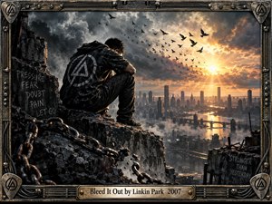 A solitary figure sits on shattered concrete above a sprawling industrial city, surrounded by broken chains and weathered graffiti. Dark storm clouds give way to blazing golden sunlight and rising birds, creating a tense yet hopeful mood. Detailed digital realism, rugged textures, dramatic lighting, and a distressed metal frame intensify the scene.