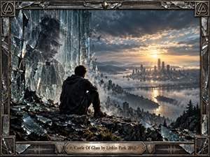 A solitary figure sits on a rocky ledge beside a towering wall of shattered glass, overlooking a mist-covered futuristic city at sunrise. Cold blue-gray fragments contrast with radiant golden light, creating a reflective, melancholic mood. An ornate metallic frame with glass shards and engraved details reinforces the cinematic symbolism.