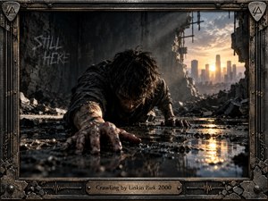 A weary figure crawls across a flooded, rubble-strewn ruin, reaching forward beneath a shattered concrete opening. Cold charcoal shadows contrast with warm sunset light and a distant skyline. Cinematic photographic realism, wet reflections, tangled debris, distressed metal framing, graffiti, and industrial details create an atmosphere of isolation, struggle, and fragile hope.