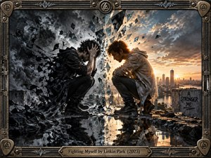 Two crouching versions of one man confront each other across exploding glass, symbolizing inner conflict. Storm-black smoke and fractured shadows dominate one side, while warm sunset light and a distant city illuminate the other. Reflective rubble, distressed textures, and an industrial metal frame heighten the cinematic digital atmosphere.
