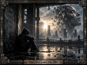 A hooded figure sits in shadow inside a ruined industrial structure, facing a fractured monumental face dissolving above a devastated skyline. Cold grays and black contrast with warm sunset light reflected in rainwater. Cinematic digital realism, metallic textures, drifting debris, graffiti, and an engineered frame create tension, isolation, and psychological unrest.