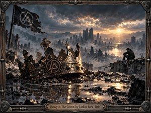 A battered metal crown dominates a ruined city overlook, surrounded by shattered stone, rain puddles, and drifting smoke. A solitary seated figure watches a distant skyline beneath turbulent gray clouds and warm sunset light. Dark bronze tones, reflective water, a torn flag, and an industrial frame create cinematic weight and defiance.