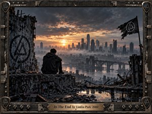 A lone hooded figure sits amid shattered ruins overlooking a mist-covered city and broken bridges at sunset. Cold gray architecture contrasts with warm amber light breaking through storm clouds, creating a reflective, desolate mood. Cinematic digital realism, rubble, reflections, industrial framing, and Linkin Park symbols reinforce themes of isolation and collapse.