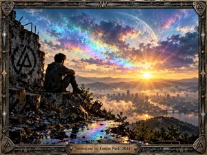 A solitary figure sits among shattered ruins above a misty city, watching a brilliant sunrise ignite storm clouds with iridescent blues, violets, greens, and gold. Reflective puddles echo the luminous sky while distant mountains and a ghostly planet create a hopeful, transcendent atmosphere within an industrial metal frame.
