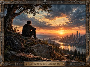 A solitary figure sits beneath a rugged tree overlooking a river city at sunset, creating a reflective, bittersweet mood. Fiery gold light breaks through stormy blue-gray clouds, illuminating rocky terrain and distant bridges. A weathered industrial frame with musical details and an engraved title plate reinforces the cinematic rock aesthetic.