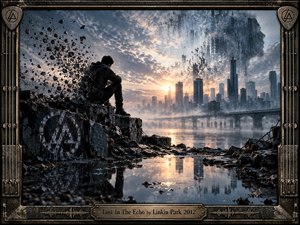 A solitary figure sits on shattered concrete beside reflective water as a distant city dissolves into mist and fragments. Cold steel blues and charcoal tones contrast with a warm sunset, creating a tense, introspective mood. Cinematic digital realism, crumbling architecture, scattered debris, ghostly forms, and an industrial metallic frame reinforce isolation and fading memory.