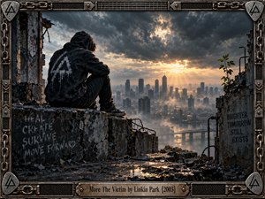 A solitary hooded figure sits amid shattered concrete above a misty ruined city, contemplating a distant skyline beneath turbulent storm clouds. Golden sunset rays break through the darkness, reflecting across wet rubble and water. Cinematic photographic realism, industrial textures, graffiti, a small green sapling, and a heavy metal frame create somber resilience.