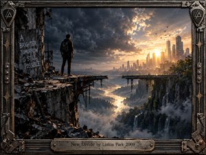 A lone traveler stands among shattered ruins overlooking a vast canyon divided by a broken bridge. Dark storm clouds yield to golden sunlight above a distant futuristic city, creating a tense yet hopeful mood. Waterfalls, mist, reflective water, industrial debris, and a weathered metal frame heighten the cinematic atmosphere.