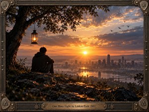 A solitary figure sits beneath a broad tree and glowing lantern, overlooking a misty river city at sunset. Warm amber light breaks through dramatic clouds, reflecting across water and rocky ground. Birds cross the luminous sky, while an industrial metal frame and engraved title plate reinforce the reflective, memorial atmosphere.
