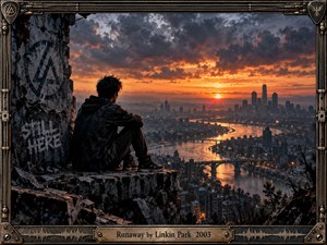 A solitary figure sits on a crumbling urban ledge overlooking a sprawling river city at sunset. Fiery orange light breaks beneath turbulent gray clouds, contrasting with shadowed ruins and distant towers. The cinematic photographic style, industrial metal frame, guitar-string details, and weathered textures create a restless, isolated mood.