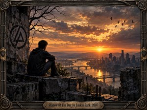 A solitary figure sits among crumbling concrete ruins, overlooking a river city beneath a dramatic golden sunset. Dark branches and distant birds frame the glowing skyline, bridges, and reflective water. Cinematic photographic realism, weathered textures, deep shadows, warm amber light, and an industrial metal frame create a contemplative, melancholic atmosphere.