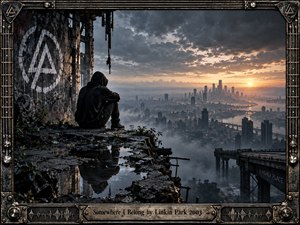 A solitary hooded figure overlooks a misty industrial city from a shattered concrete ruin, evoking isolation, longing, and uncertain hope. Cold blue-gray shadows contrast with a warm golden sunrise, while reflective puddles, decaying architecture, distant towers, and a distressed guitar-inspired metal frame create a cinematic, atmospheric composition.