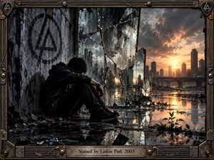 A solitary figure sits against a weathered industrial wall beside towering shards of broken glass, overlooking a distant city beneath a fiery sunset. Cold charcoal tones contrast with warm amber reflections across wet pavement. Cinematic digital realism, distressed textures, a small emerging plant, and an intricate metal frame evoke isolation, fracture, and renewal.