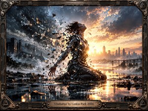 A kneeling figure fractures into luminous glass shards against a storm-darkened city, symbolizing emotional rupture and release. Golden sunset light breaks through turbulent blue-gray clouds, reflecting across wet ground and scattered debris. Cinematic digital realism, dramatic contrast, metallic textures, and an industrial mechanical frame create a tense yet hopeful atmosphere.