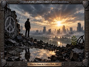 A lone figure stands amid shattered concrete overlooking a ruined city beneath stormy clouds and a radiant sunrise. Golden light cuts through cool gray haze, reflecting across pooled water and twisted debris. Cinematic realism, deep perspective, industrial textures, distant bridges, skeletal towers, and a small green plant evoke remorse, reckoning, and renewal.