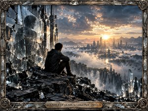 A solitary figure sits among jagged black ruins and shattered glass, overlooking a mist-filled futuristic city beneath a dramatic sunrise. Cool blue-gray shadows contrast with warm golden light, creating a reflective, melancholic mood. Cinematic digital realism, crystalline fragments, broken architecture, distant mountains, and an ornate metallic frame intensify the atmosphere.