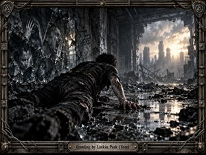 A battered figure crawls across a flooded industrial ruin toward a distant sunlit skyline, surrounded by shattered glass, rubble, and ghostly reflections. Cold blue-gray tones, wet surfaces, and dramatic backlighting create a tense, claustrophobic mood. A weathered metal frame, cables, bolts, and engraved details reinforce the harsh cinematic aesthetic.