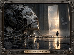 A lone figure faces a colossal fractured machine-like head inside a ruined industrial hall, where tangled cables, broken concrete, and reflective floors create an ominous mechanical landscape. Cold charcoal tones contrast with warm golden light beyond the structure, giving the cinematic digital artwork a tense, desolate, yet strangely hopeful atmosphere.