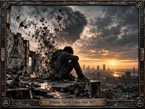 A solitary figure sits amid shattered concrete above a ruined city, dissolving into fragments beneath a vast ghostlike profile in storm clouds. Warm sunset light cuts through charcoal gray ruins, creating a mournful cinematic contrast. Industrial metal framing, distressed textures, reflective debris, and a weathered title plate reinforce loss, memory, and emotional fracture.