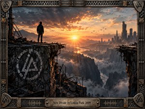 A lone figure stands on a shattered cliffside overlooking a ruined futuristic city and deep misty gorge. Fiery sunset light breaks through storm clouds, casting warm gold across cold steel, rubble, and distant towers. The cinematic digital artwork feels tense, resilient, and transformative, enclosed by a rugged industrial metal frame.
