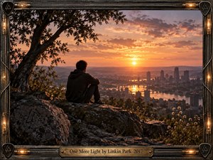 A solitary figure sits on a rocky overlook beneath a broad tree, watching a glowing sunset settle over a river and distant city. Warm amber and copper light contrasts with deep shadow, creating a reflective, mournful mood. Cinematic photographic realism, rugged stone textures, wildflowers, and an industrial metal frame reinforce remembrance and quiet loss.