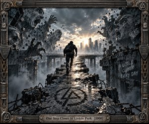 A lone figure runs across a shattered bridge toward a glowing city skyline while colossal crumbling faces and reaching hands close in from both sides. Cold blue-gray tones, wet concrete, smoke, debris, and dramatic backlighting create a tense cinematic atmosphere, framed by distressed industrial metalwork and engraved details.