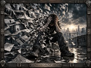 A distressed figure sits on a rain-dark rooftop as torn paper fragments spiral from his body, carrying ghostly eyes, silhouettes, and urban memories. Storm clouds and a pale skyline create anxious tension, while cold grayscale tones, sharp highlights, reflective pavement, and an industrial metal frame give the surreal scene gritty cinematic intensity.