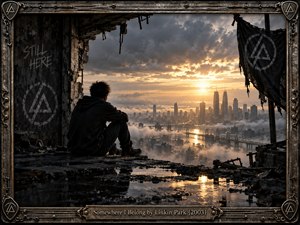 A solitary figure sits inside a shattered concrete ruin overlooking a misty modern city at sunset. Dark industrial textures, wet rubble, graffiti, and torn banners contrast with warm golden light breaking through storm clouds. The cinematic digital artwork feels introspective, tense, and hopeful, enclosed by a weathered metallic frame.