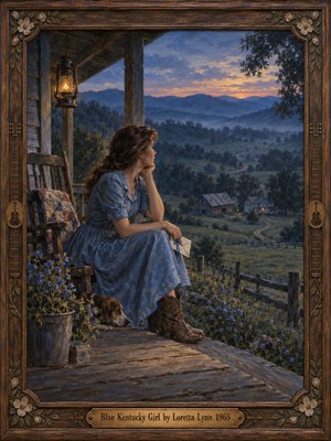A wistful young woman in a blue dress sits on a weathered porch, holding a letter while gazing across misty Kentucky hills. A warm lantern illuminates wildflowers and a resting dog as distant farmhouses glow beneath a fading sunset. Rich oil textures and an ornate wooden frame evoke tender rural nostalgia.