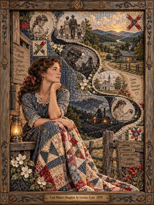 A thoughtful young woman in a floral blue dress sits beside a glowing lantern, surrounded by an intricate Appalachian patchwork landscape. Curving coal-dark seams connect stitched memories of family, miners, and rural homes beneath golden mountains. Faded reds, denim blues, embroidered blossoms, and carved wooden framing evoke resilience, tenderness, and nostalgic warmth.