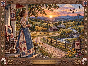 A quilted country tableau shows a woman in a floral dress standing on a farmhouse porch, gazing across winding fields at sunset. Patchwork hills, a barn, stone bridge, and sleeping dog evoke enduring rural roots. Golden pink light warms embroidered textures, framed by carved wood, wildflowers, and an engraved brass title plate.
