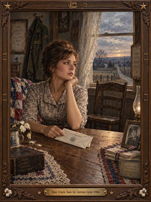 A sorrowful woman sits at a worn farmhouse table beside a government letter, a soldiers portrait, and drooping flowers. An empty chair and distant country road deepen the sense of absence. Muted reds, blues, and amber dusk illuminate the intimate oil painting, enclosed by carved walnut and brass.