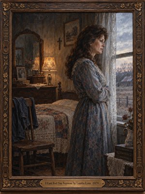 A sorrowful woman in a faded blue floral dress gazes through a lace-curtained bedroom window toward a bleak rural landscape. Warm lamplight contrasts with cold gray daylight, illuminating vintage furnishings, an empty chair, and cherished photographs. Rich oil textures and an ornate carved wooden frame evoke heartbreak, loneliness, and fading affection.