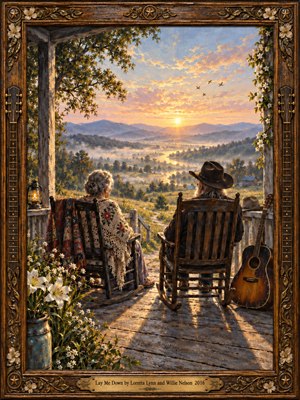 Two elderly companions sit in rocking chairs on a rustic country porch, overlooking a misty valley beneath a golden sunrise. White lilies, a glowing lantern, and an acoustic guitar enhance the peaceful atmosphere. Warm amber light, pastel clouds, and distant blue mountains enrich the nostalgic oil painting, surrounded by ornate carved wood.