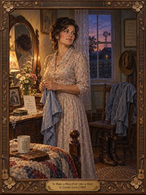 A thoughtful woman in a floral dress stands inside a rustic farmhouse bedroom, holding blue fabric. Warm lamplight contrasts with violet twilight beyond the window. Quilts, cowboy boots, flowers, and vintage furnishings evoke tenderness and quiet devotion. Rich oil painting textures complement an ornate carved wooden frame with brass accents.