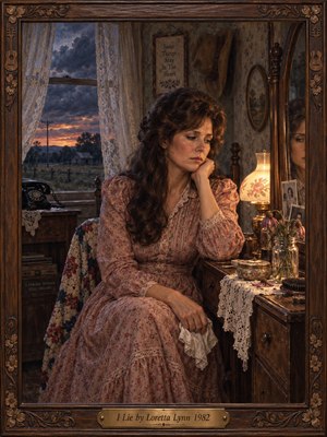 A sorrowful woman in a dusty rose floral dress sits beside a wooden vanity in a rustic country bedroom. Warm lamplight illuminates her pensive expression while stormy twilight darkens the window. Wilted flowers, lace curtains, and an antique telephone deepen the melancholy. Rich oil painting textures complement an ornate carved wooden frame.