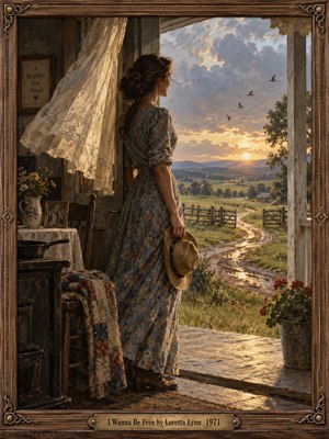 A woman in a faded blue floral dress stands at a farmhouse doorway, holding a straw hat and gazing toward a winding sunlit road. Billowing lace, open gates, and soaring birds evoke hopeful independence. Golden clouds illuminate green hills, while rich oil-painted textures and an ornate wooden frame deepen the nostalgic mood.