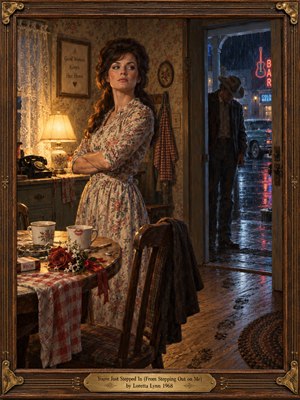 A resolute woman in a floral dress stands with folded arms inside a modest 1960s home, while a shadowed man lingers at the rain-soaked doorway. Warm amber lamplight contrasts with blue neon reflections outside. Wilted roses, muddy footprints, and vintage furnishings deepen the tension in this richly textured, walnut-framed oil painting.