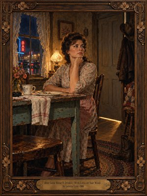 Inside a modest 1960s kitchen, a resolute woman sits beside an untouched supper, gazing toward a closed door. Amber lamplight warms worn teal furniture, floral wallpaper, and lace curtains, while rainy blue streets and red bar neon glow outside. Rich oil-painted textures and an ornate carved wooden frame deepen the tense, melancholy atmosphere.