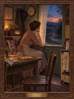 A wistful woman gazes through a farmhouse window toward a winding country road at sunset. Warm lamplight illuminates rustic furniture, lace curtains, handwritten letters, and an empty chair. Dusky blues and amber tones create tender melancholy. Rich oil painting textures and an ornate carved wooden frame evoke nostalgic country romance.