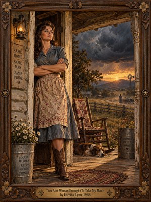A defiant woman in a faded blue dress stands with folded arms on a weathered farmhouse porch. Beyond her, dark storm clouds gather above a golden rural sunset, while a distant figure approaches a vintage car. Warm lantern light, rustic furnishings, and an ornate carved wooden frame enrich this detailed oil painting.