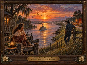 A richly detailed oil painting captures Southern romance across a winding Mississippi River at sunset. A woman and cowboy gaze toward each other from opposite banks, while a steamboat glides between them. Fiery orange skies, glowing lanterns, moss-draped trees, and distant honky-tonks create nostalgic warmth within an ornate wooden frame.