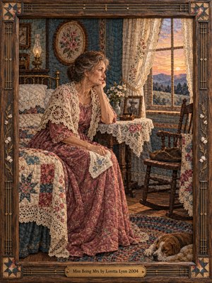 An older woman in a dusty rose dress and lace shawl sits beside a patchwork bed, gazing toward a sunset window. Intricate quilted embroidery, an empty chair, a faded photograph, and a sleeping dog evoke tender loneliness. Warm amber light fills the nostalgic room, enclosed by an ornate carved wooden frame.