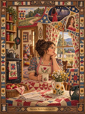 A thoughtful country woman sits in a sunlit farmhouse kitchen, surrounded by quilts, preserves, toys, and wildflowers. Warm golden light washes over embroidered fabrics in faded red, denim blue, and cream. Above her, curved patchwork visions contrast rural routine with stage glamour, while a carved wooden frame completes the nostalgic tapestry.