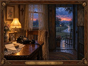 A nostalgic oil painting portrays a quiet farmhouse where a black rotary telephone, faded photograph, and letter suggest heartbreak and separation. Golden lamplight illuminates polished wood and delicate lace, contrasting with blue twilight and a rain-slick country road. An ornate walnut frame with brass accents completes the melancholy scene.